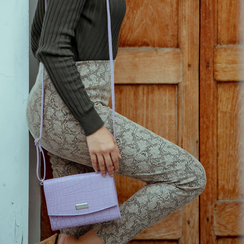 'MATILDA' Lilac Croc Designer Leather Organiser Flap Over Crossbody Bag