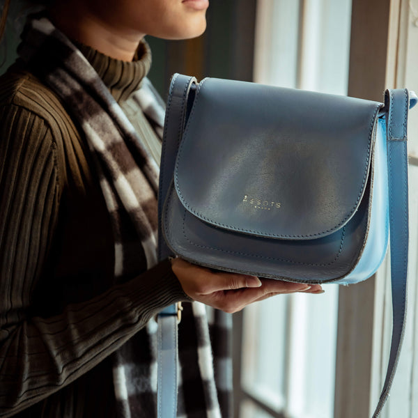 'NICOLA' Pastel Blue Smooth Real Leather Crossbody Saddle Bag