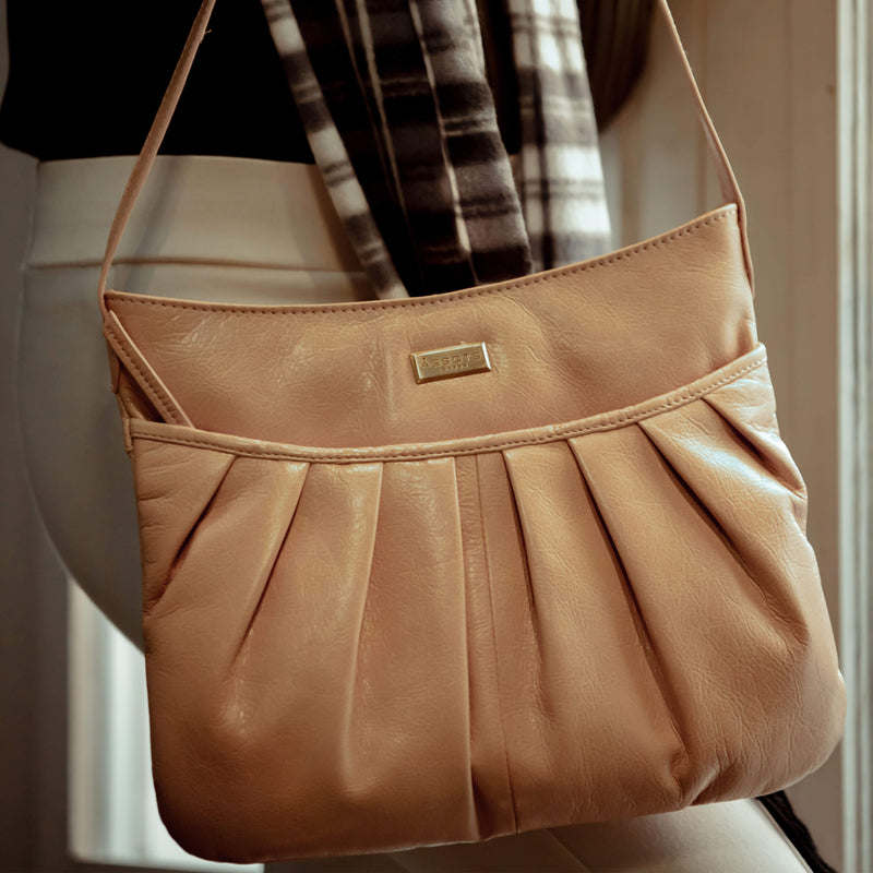 'EVIE' Nude Pleated Real Leather Natural Grain Shoulder Bag