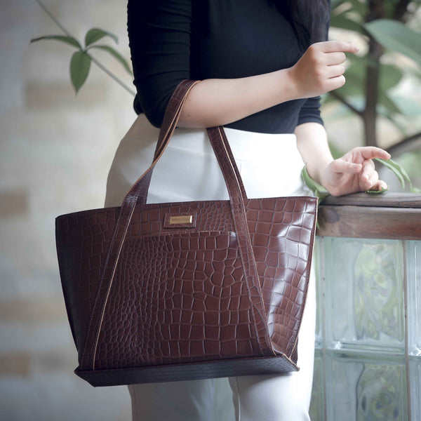 'AGNES' Brown Croc Real Leather Designer Tote Bag