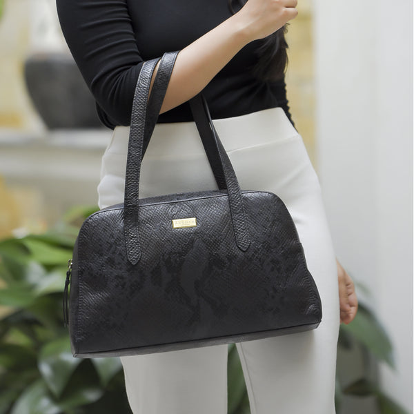 'ELEANOR' Black Snake Print Real Leather Shoulder Bag