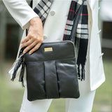 'ELSIE' Black Pebble Grain Leather Zip Top Crossbody Bag