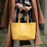 'ADELA' Mustard Smooth Real Leather Unlined Designer Tote Bag