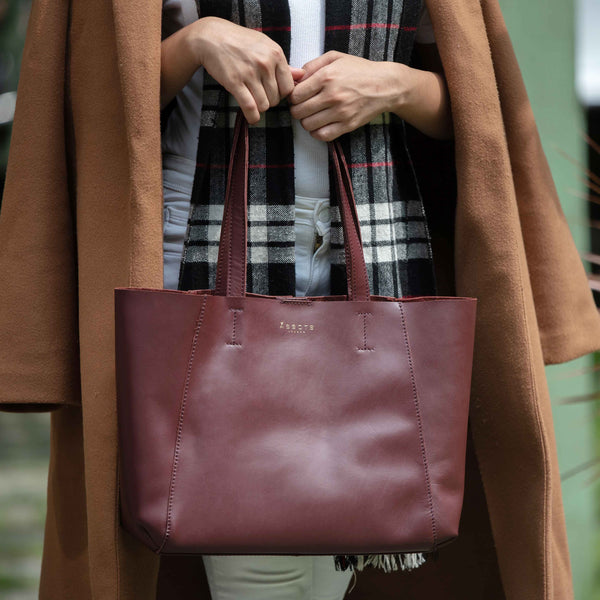 'ADELA' Burgundy Smooth Real Leather Unlined Designer Tote Bag
