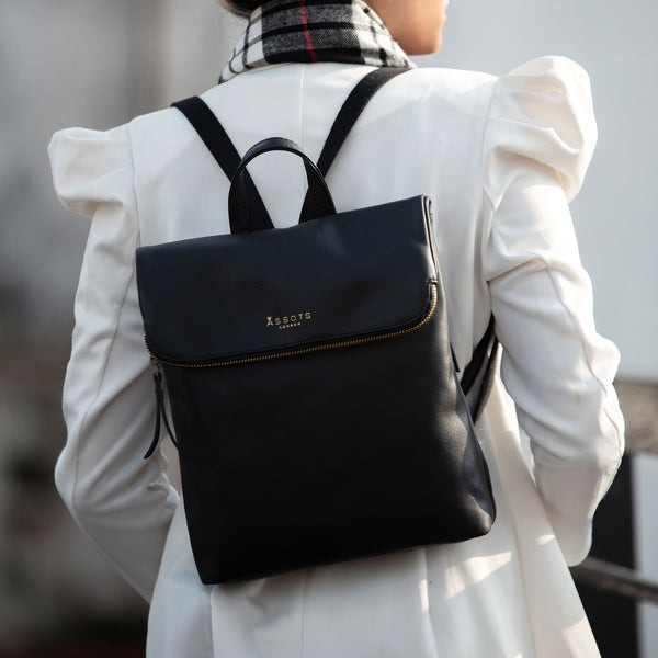 'MERLIN' Black Full Grain Leather Zip Around Flap-over Backpack