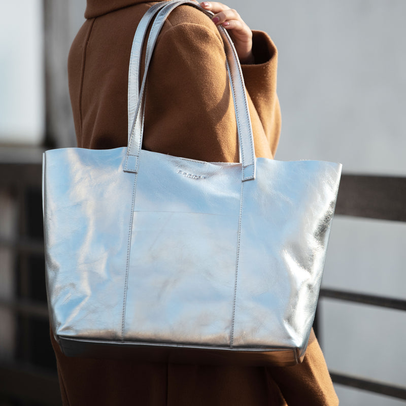 Silver Tote Bag Metallic Leather Tote Bag Over the Shoulder 