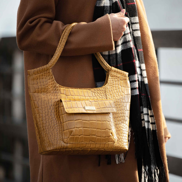 'Amanda' Mustard Real Croc Textured Leather Designer Shoulder Bag