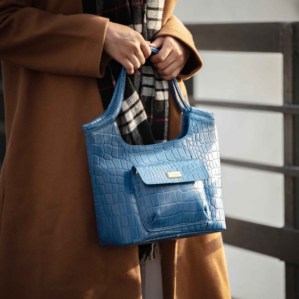 'Amanda' Blue Real Croc Textured Leather Designer Shoulder Bag