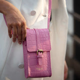 'PETRA' Pink Croc Real Leather Mobile Phone Crossbody Bag