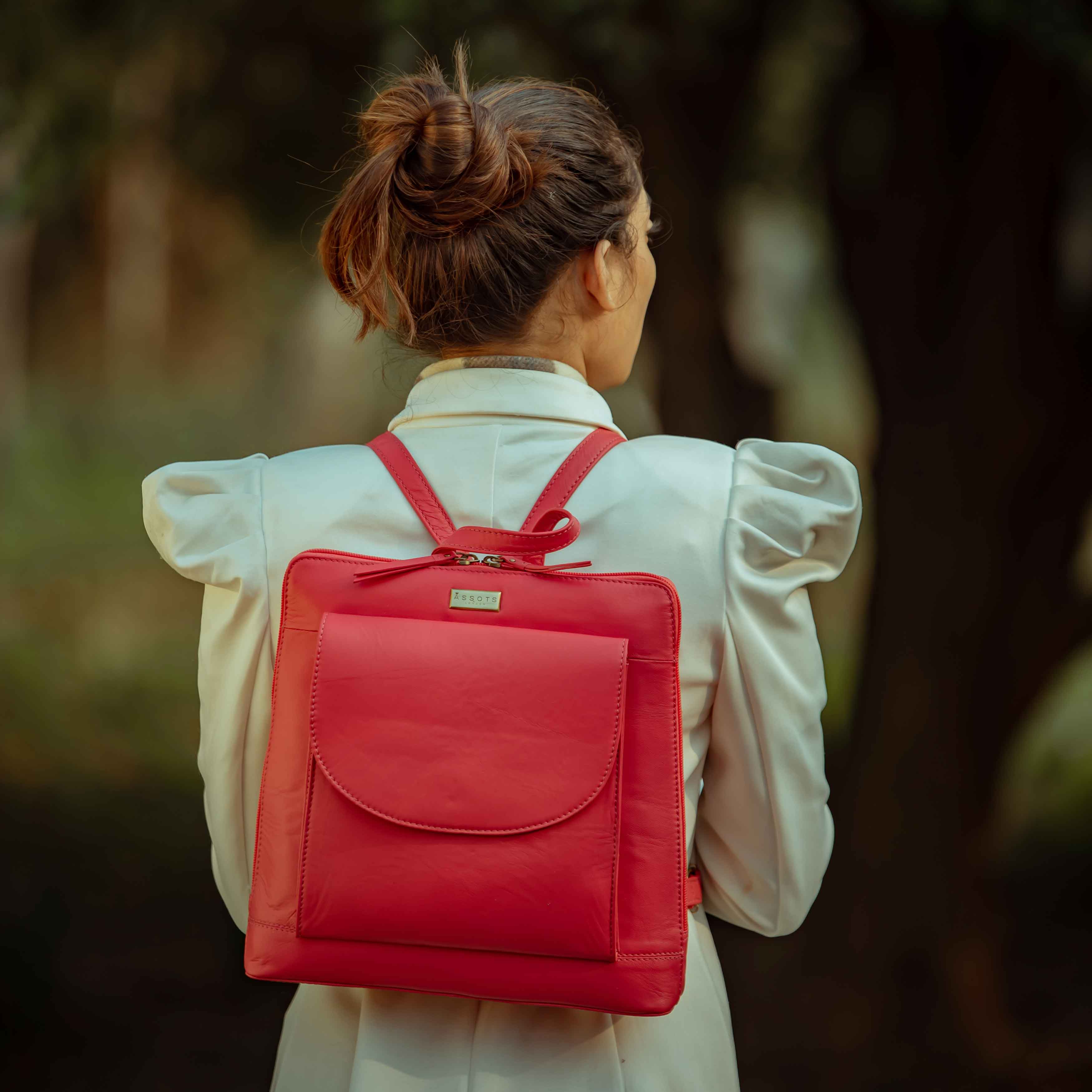 'Apple' Coral Pink Two Way Zip Top Full Grain Leather Backpack