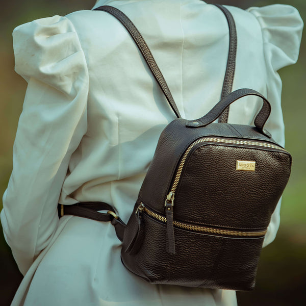 'ELLA' Black Pebble Grain Mini Real Leather Backpack for Women
