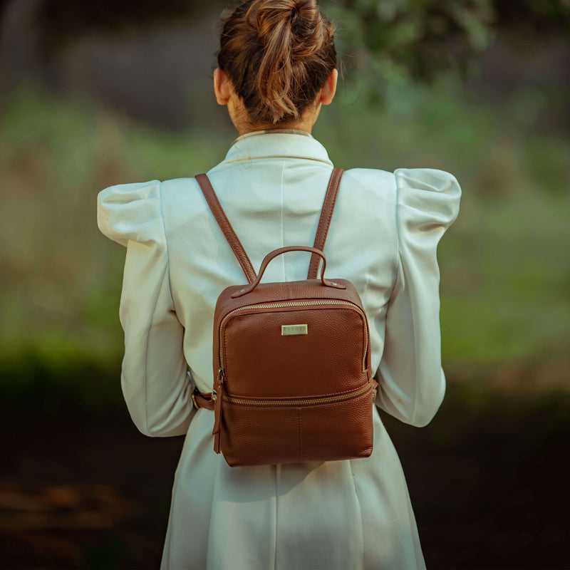 'ELLA' Tan Pebble Grain Mini Real Leather Backpack for Women