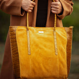 'ISLA' Mustard Suede + Croc Real Leather Designer Large Tote Bag