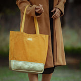 'PAIGE' Mustard Real Leather + Yellow Gold Metallic Leather Tote Bag