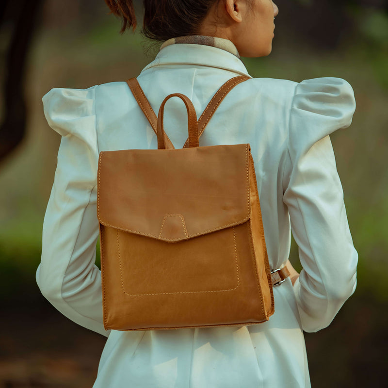 'MARGARET' Tan Natural Grain Polished Leather Flap Over Backpack