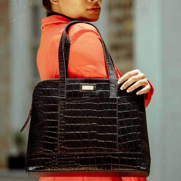 'Eva' Black Croc Real Leather Designer Unlined Tote Bag