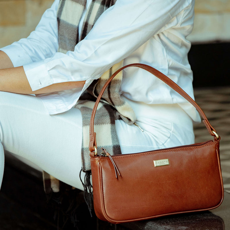 'ZARA' Brown Polished Real Leather Baguette Shoulder Bag