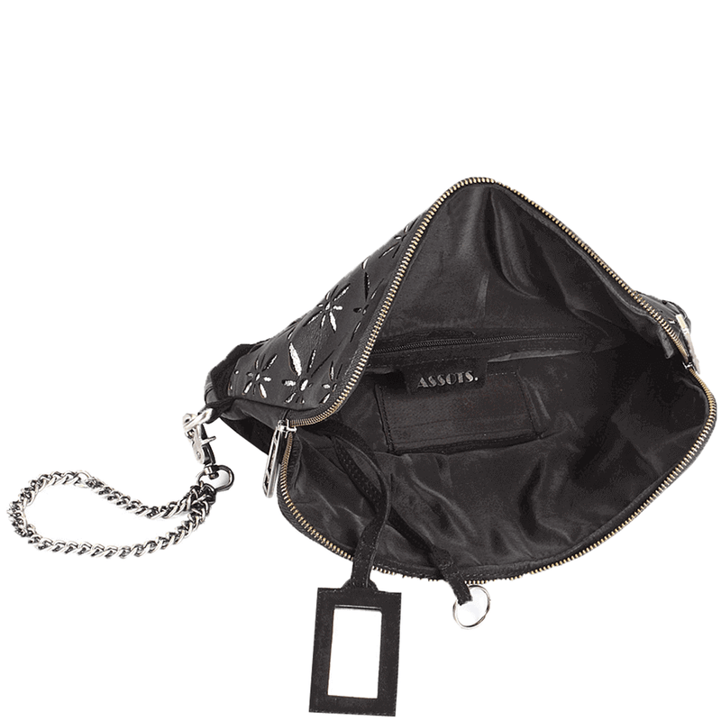 'HOLBORN' Metallic Silver and Black Floral Designer Leather Clutch Bag