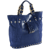 'WINDEMERE' Navy Designer Crocodile Printed Suede Leather Tote Bag