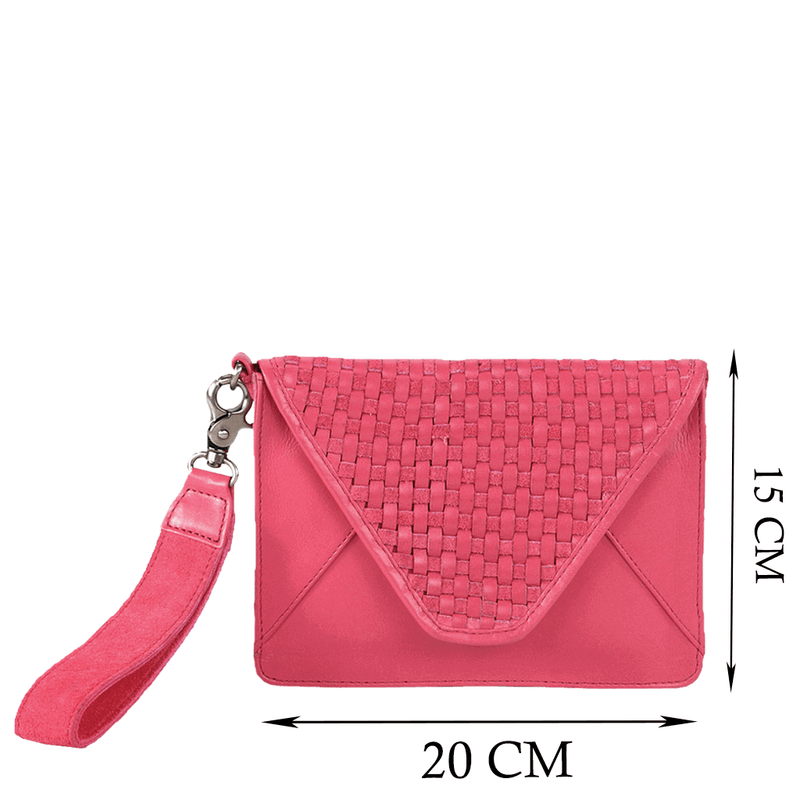 'CRESCENT' Pink Leather Flap-over Woven Clutch Bag