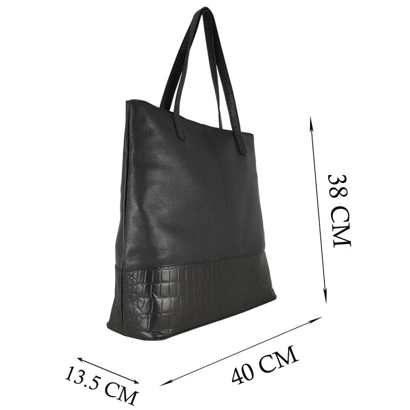 'SIENNA' Black Croc + Pebble Grain Unlined Leather Tote Bag