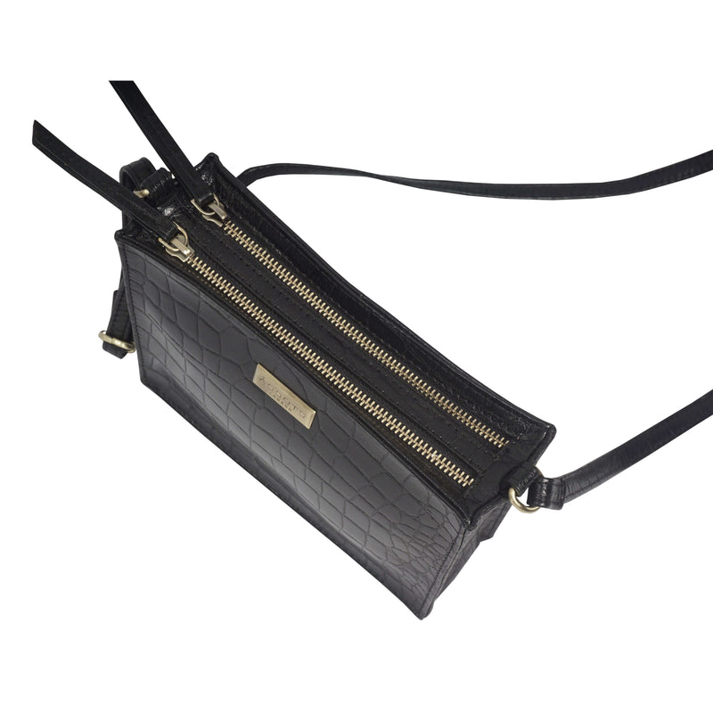 'SUSAN' Black Croc Real Leather Rectangle Box Crossbody Bag