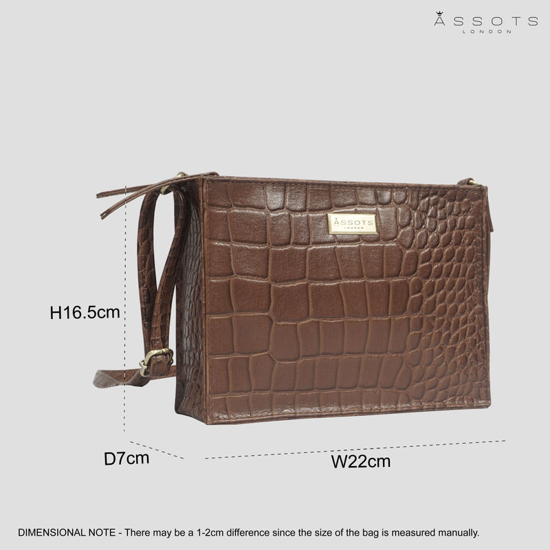 'SUSAN' Tan Croc Real Leather Rectangle Box Crossbody Bag