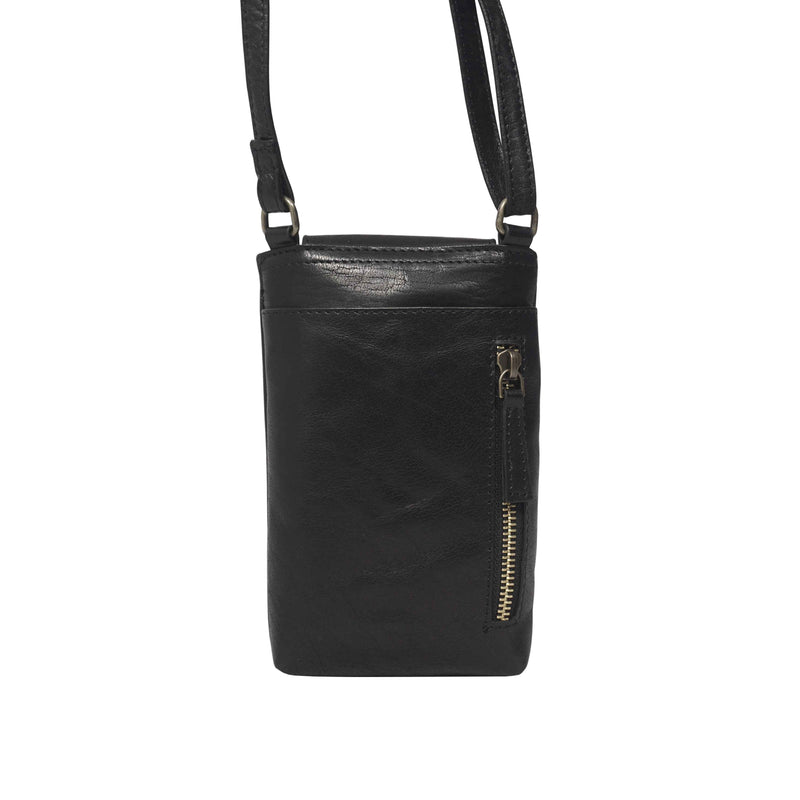 'THEA' Black Polished VT Real Leather Mobile Phone Crossbody Bag