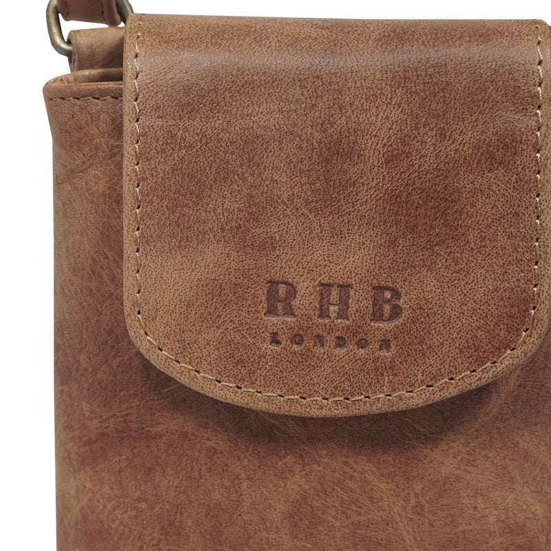 'THEA' Tan Distressed Real Leather Mobile Phone Crossbody Bag