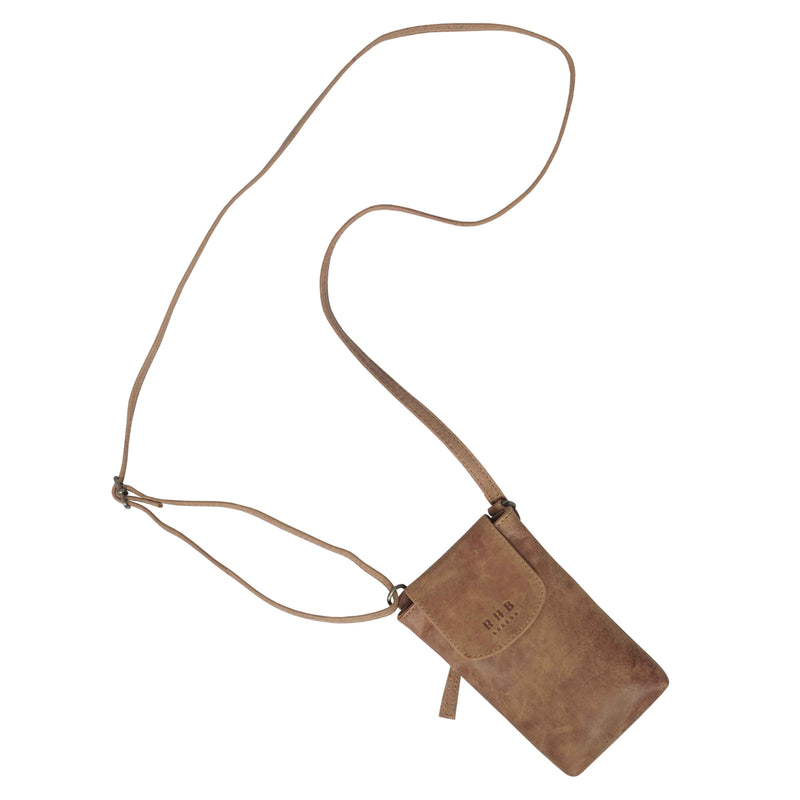 Thea' Tan Distressed Real Leather Mobile Phone Crossbody Bag For Women by Assots London
