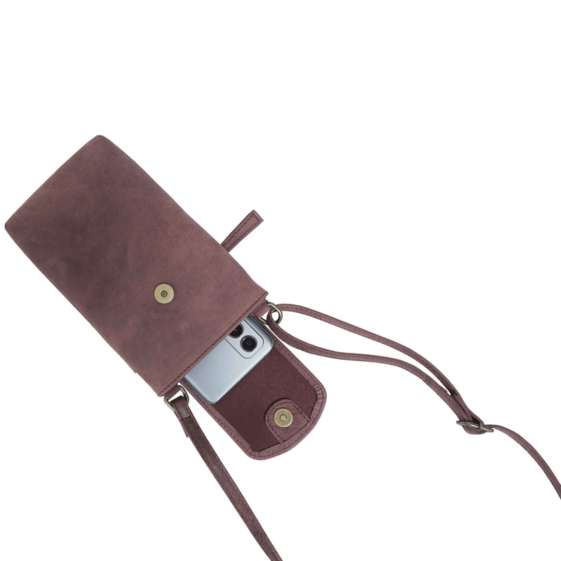 Thea' Tan Distressed Real Leather Mobile Phone Crossbody Bag For Women by Assots London
