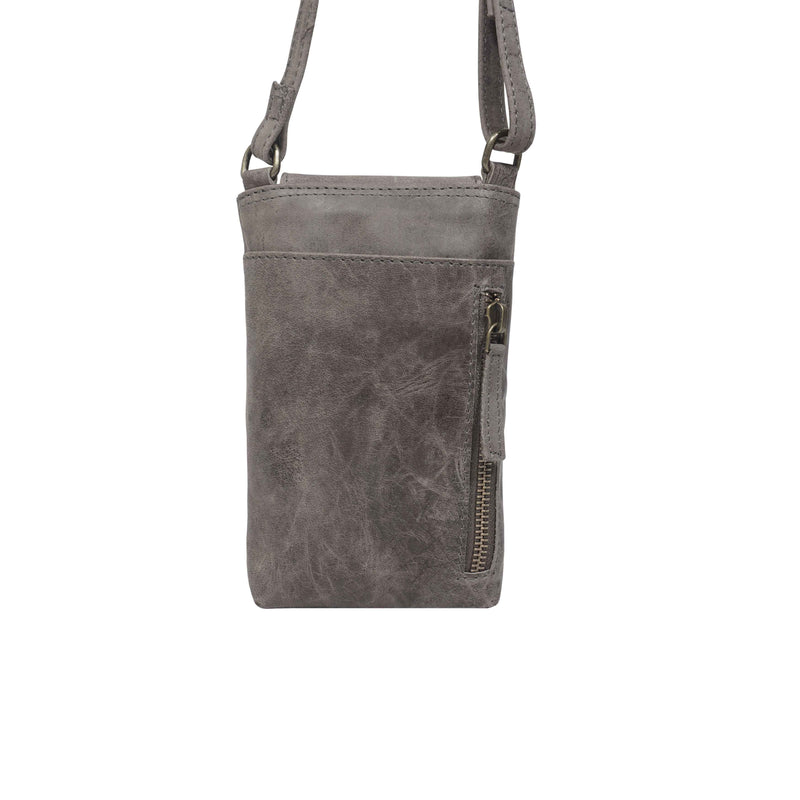 'THEA' Grey Distressed Real Leather Mobile Phone Crossbody Bag
