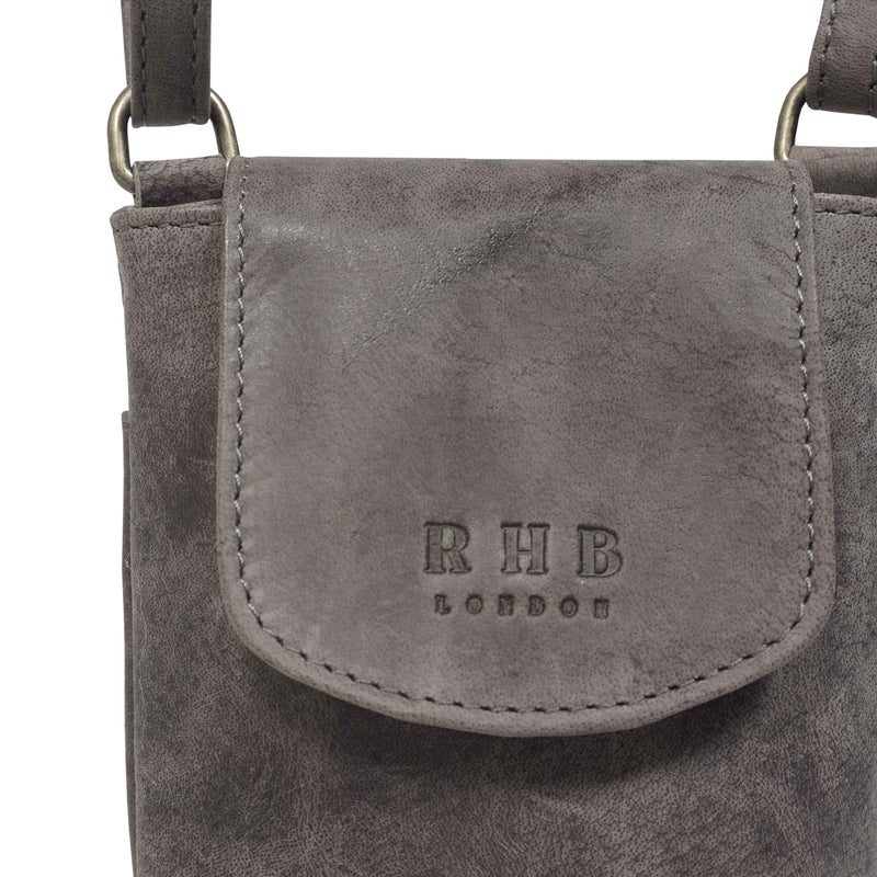 'THEA' Grey Distressed Real Leather Mobile Phone Crossbody Bag