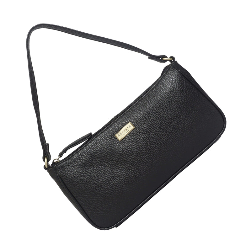 'ZARA' Black Soft Pebble Grain Real Leather Baguette Shoulder Bag