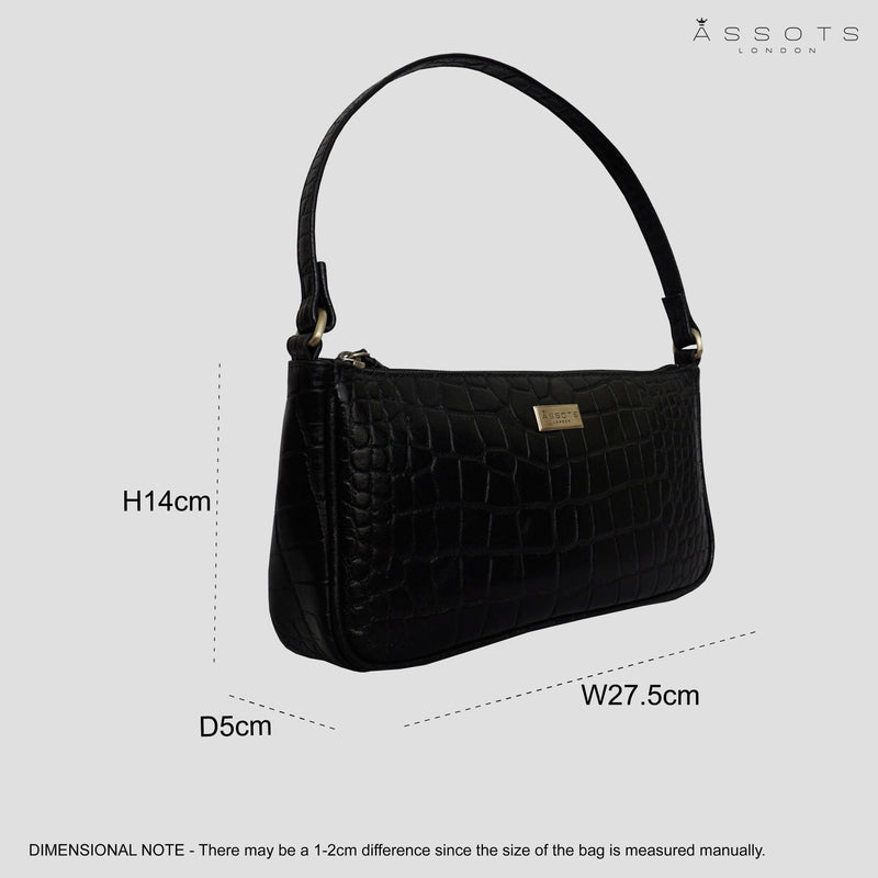 'ZARA' Black Croc Real Leather Baguette Shoulder Bag