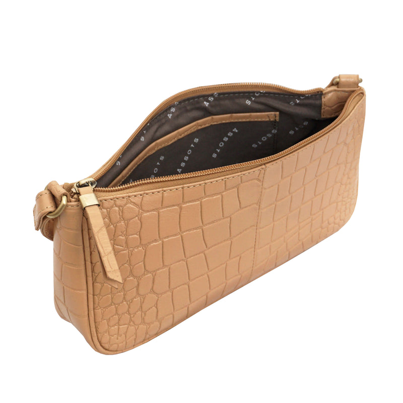 'ZARA' Camel Designer Croc Real Leather Baguette Shoulder Bag