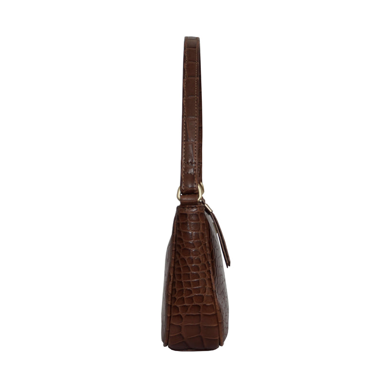 'ZARA' Tan Croc Real Leather Baguette Shoulder Bag